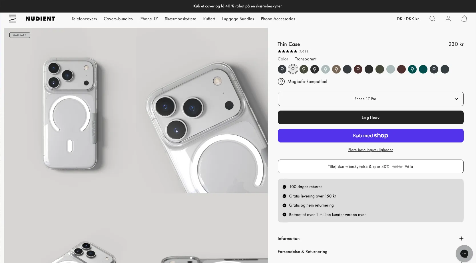 Nudient phone case Shopify store desktop view